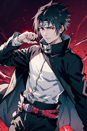 (masterpiece, best quality), , cowboy shot, solo, male focus, 1boy, Sasuke Uchiha, slight smile, looking at viewer, 
The left eye glows purple and the right eye glows red, spiky black hair with a blue tint. Sasuke's hair is long, very handsome. 
black cloak, a maroon cinch on the collar, and maroon lining. His long-sleeved shirt gains light grey cuffs, and he wears a pair of brown leather belts with a black sheath for his sword, 
The whole body exudes black and red and purple aura, black and red and purple background,

(ultrahigh resolution textures), in dynamic pose, bokeh, (intricate details, hyperdetailed:1.15), detailed, HDR+, ,male,Naruto uzumaki ,n4rut0,s4suk3