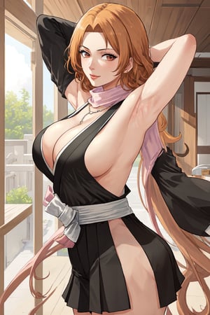 (masterpiece, best quality:1.2), solo, 1girl, matsumoto rangiku, looking at viewer, 
black japanese clothes, backless, sideboob, armpit, black pleated short skirt, side hip vent, detached sleeves, smile, big large breasts, (big breasts:0.5), bare shoulders, a thin golden necklace tucked between her cleavage, a long pink scarf over her shoulders, Orange wavy long curly hair, shiny skin, perfect body, Reveal cleavage, 
(ultrahigh resolution textures), in dynamic pose, bokeh, (intricate details, hyperdetailed:1.15), detailed, HDR+, showing armpit,
Japanese style house interior background, matsumoto rangiku,MeikoDef, backless, backless ,Xter,BACK VIEW