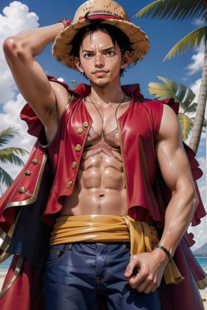 a handsome young man, 19 years old, with a pretty face, tall and of medium build. Short wavy black hair, light olive skin. with a slim and athletic body. he wears a straw hat on his head. He wears a baggy red sleeveless jacket that extends to mid-thigh, accompanied by a pair of baggy jeans. He keeps his jacket unbuttoned, exposing the detailed muscles of him. In the background is a beach surrounded by tropical jungle and the sea in the distance, sciamano240, 1boy, Wrenchftmfshn,1utf1, Luffy one piece, There is an X-shaped scar on the chest, sleeveless, Show arm muscles, armpit hair, The black coat on the back serves as a cloak