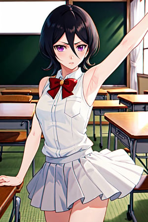 (masterpiece, best quality:1.2), solo, 1girl, Rukia Kuchiki, looking at viewer, 
Rukia Kuchiki, Short and petite, has light skin and purple eyes. Her hair is black, with several strands of hair always hanging between her eyes. 
sleeveless White shirt, White shirt, Gray pleated short skirt, Gray skirt, Smooth and flawless armpits, Smooth and flawless skin, Red bow-knot, 
classroom interior, backless, short black hair, showing armpit,
(ultrahigh resolution textures), in dynamic pose, bokeh, (intricate details, hyperdetailed:1.15), detailed, HDR+, showing armpit,
Japanese style house interior background, ,MeikoDef, Xter, long hair,Rukia,kuchikirukia,kuchiki_rukia, 