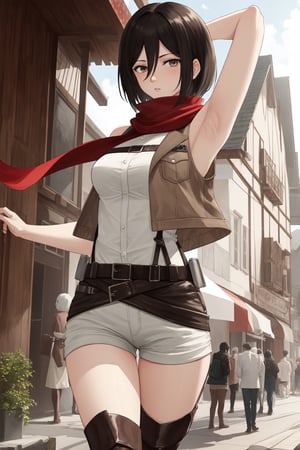 (masterpiece, best quality:1.2), solo, Mikasa Ackerman ,
Mikasa is a fairly tall and well-toned woman. She is of partial Asian heritage, with pale skin, gray eyes, and shaggy black hair that was long until she cut it to chin-length. 
a sleeveless white shirt, light brown jacket with the badge of the squad on both shoulders, on the front left pocket and on the center of the back, a light-colored shirt, a dark brown leather hip wrap skirt, and dark brown knee-high leather boots. a red scarf that she almost always wears.
Mikasa Ackerman, Smooth and flawless armpits, Smooth and flawless skin, 
(ultrahigh resolution textures), in dynamic pose, bokeh, (intricate details, hyperdetailed:1.15), detailed, HDR+, ,Xter, Mikasa Ackerman, european town background.