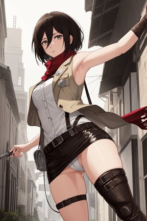 (masterpiece, best quality:1.2), solo, Mikasa Ackerman ,
Mikasa is a fairly tall and well-toned woman. She is of partial Asian heritage, with pale skin, gray eyes, and shaggy black hair that was long until she cut it to chin-length. 
a sleeveless white shirt, light brown jacket with the badge of the squad on both shoulders, on the front left pocket and on the center of the back, a light-colored shirt, a dark brown leather hip wrap skirt, and dark brown knee-high leather boots. a red scarf that she almost always wears.
Mikasa Ackerman, Smooth and flawless armpits, Smooth and flawless skin, 
(ultrahigh resolution textures), in dynamic pose, bokeh, (intricate details, hyperdetailed:1.15), detailed, HDR+, ,Xter, Mikasa Ackerman, european town background.