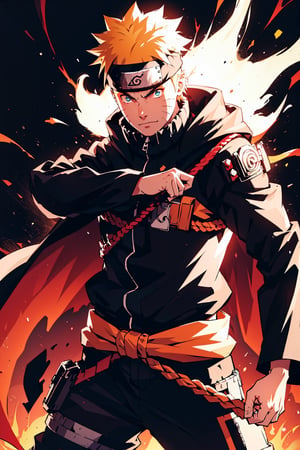 (masterpiece, best quality), , cowboy shot, solo, male focus, 1boy, Uzumaki Naruto, slight smile, looking at viewer, yellow-blond, spiky hair and blue eyes, His trademark characteristics are the three whisker markings on his cheeks. 
wears a black uniform jacket with an orange zipper and buttons on the waist and sleeves, black pants, a white cape that has a red flame pattern around the hem, is held together by a red rope. 
The whole body exudes black and red aura, black and red background,

(ultrahigh resolution textures), in dynamic pose, bokeh, (intricate details, hyperdetailed:1.15), detailed, HDR+, ,male,Naruto uzumaki ,n4rut0