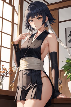 (masterpiece, best quality:1.2), solo, 1girl, soifon, expressionless, looking at viewer, a relatively petite woman with gray eyes and black hair which she wears short with two long braids bound in white cloth, each ending in a large golden ring.  japanese clothes, sideboob, black pleated short skirt,hip vent, detached sleeves, bare shoulders ,soifon,MeikoDef, small breasts, Japanese style house interior ,backless, short black hair, armpit