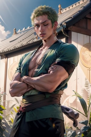 (masterpiece, best quality:1.2), a handsome young man, 20 years old, roronoa zoro, scar, muscular male, looking at viewer, one eye closed, scar across eye, crossed arms, japanese clothes, green kimono,roronoa zoro, Three samurai swords hung on his waist, Japanese house background, portrait, Do not laugh,mackenyu