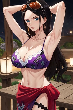 masterpiece, best quality, 1girl, solo, town background, 
long hair, looking at viewer, black hair, long hair, blue eyes, 30 years old, slim body,
sunglasses, eyewear on head, Purple top, Purple bikini, hair slicked back, pink print sarong tied around the waist, cleavage,large breasts,townscape,
Nico Robin, ((big breasts , cleavage)), chuckle, showing armpit, 
(ultrahigh resolution textures), in dynamic pose, bokeh, (intricate details, hyperdetailed:1.15), detailed, HDR+, 
Sleeveless off the shoulder, nico_robinnn,NicoRobin,MeikoDef,Xter