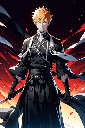 (masterpiece, best quality), , cowboy shot, solo, male focus, 1boy, kurosaki ichigo, slight smile, looking at viewer, short orange hair, brown eyes, japanese clothes, black kimono, Holding black katana, The whole body exudes black and red aura, black and red background,

(ultrahigh resolution textures), in dynamic pose, bokeh, (intricate details, hyperdetailed:1.15), detailed, HDR+, ,male