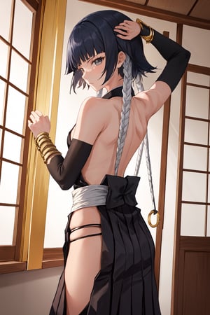 (masterpiece, best quality:1.2), solo, 1girl, soifon, expressionless, looking at viewer, a relatively petite woman with gray eyes and black hair which she wears short with two long braids bound in white cloth, each ending in a large golden ring.  japanese clothes, sideboob, black pleated short skirt, short skirt, hip vent, detached sleeves, bare shoulders ,soifon,MeikoDef, small breasts, Japanese style house interior ,backless, short black hair, showing armpit, ,BACK VIEW