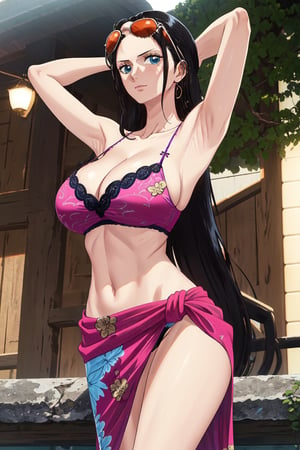 masterpiece, best quality, 1girl, solo, town background, 
long hair, looking at viewer, black hair, long hair, blue eyes, 30 years old, slim body,
sunglasses, eyewear on head, Purple top, Purple bikini, hair slicked back, pink print sarong tied around the waist, cleavage,large breasts,townscape,
Nico Robin, ((big breasts , cleavage)), chuckle, showing armpit, 
(ultrahigh resolution textures), in dynamic pose, bokeh, (intricate details, hyperdetailed:1.15), detailed, HDR+, 
Sleeveless off the shoulder, nico_robinnn,NicoRobin,MeikoDef,Xter