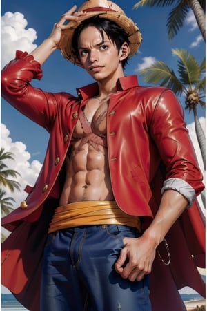 a handsome young man, 19 years old, with a pretty face, tall and of medium build. Short wavy black hair, light olive skin. with a slim and athletic body. he wears a straw hat on his head. 
He wears a baggy red jacket that extends to mid-thigh, accompanied by a pair of baggy jeans. He keeps his jacket unbuttoned, exposing the detailed muscles of him. In the background is a beach surrounded by tropical jungle and the sea in the distance, sciamano240, 1boy, Wrenchftmfshn,1utf1, Luffy one piece, There is an X-shaped scar on the chest, Show arm muscles, armpit hair, The red coat on the back serves as a cloak