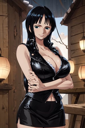 masterpiece, best quality, 1girl, solo, town background, 
long hair, looking at viewer, black hair, long hair, blue eyes, 30 years old, slim body,
Sleeveless black leather jacket, black leather skirt, cleavage,large breasts,townscape,
Nico Robin, ((big breasts , cleavage)), chuckle, showing armpit, 
(ultrahigh resolution textures), in dynamic pose, bokeh, (intricate details, hyperdetailed:1.15), detailed, HDR+, 
Sleeveless off the shoulder, nico_robinnn,NicoRobin,MeikoDef,Xter,blunt_bangs