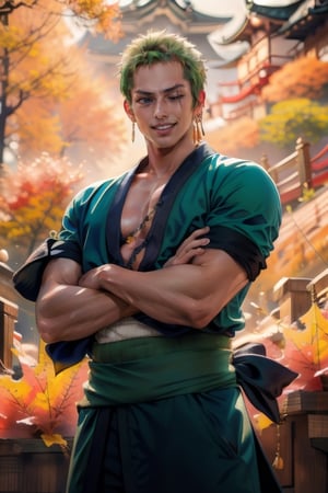 (masterpiece, best quality:1.2), a handsome young man, 20 years old, roronoa zoro, scar, muscular male, grin, looking at viewer, one eye closed, scar across eye, crossed arms, japanese clothes, green kimono,roronoa zoro, Three samurai swords hung on his waist, Japanese house background, portrait, Do not laugh,mackenyu