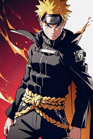 (masterpiece, best quality), , cowboy shot, solo, male focus, 1boy, Uzumaki Naruto, slight smile, looking at viewer, yellow-blond, spiky hair and blue eyes, His trademark characteristics are the three whisker markings on his cheeks. 
wears a black uniform jacket with an orange zipper and buttons on the waist and sleeves, black pants, a white cape that has a red flame pattern around the hem, is held together by a red rope. 
The whole body exudes black and red aura, black and red background,

(ultrahigh resolution textures), in dynamic pose, bokeh, (intricate details, hyperdetailed:1.15), detailed, HDR+, ,male,Naruto uzumaki ,n4rut0