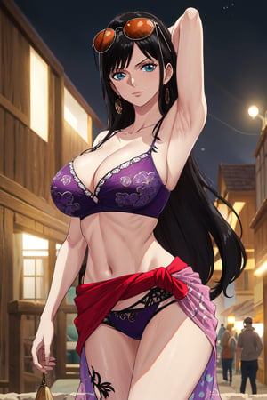 masterpiece, best quality, 1girl, solo, town background, 
long hair, looking at viewer, black hair, long hair, blue eyes, 30 years old, slim body,
sunglasses, eyewear on head, Purple top, Purple bikini, hair slicked back, pink print sarong tied around the waist, cleavage,large breasts,townscape,
Nico Robin, ((big breasts , cleavage)), chuckle, showing armpit, 
(ultrahigh resolution textures), in dynamic pose, bokeh, (intricate details, hyperdetailed:1.15), detailed, HDR+, 
Sleeveless off the shoulder, nico_robinnn,NicoRobin,MeikoDef,Xter