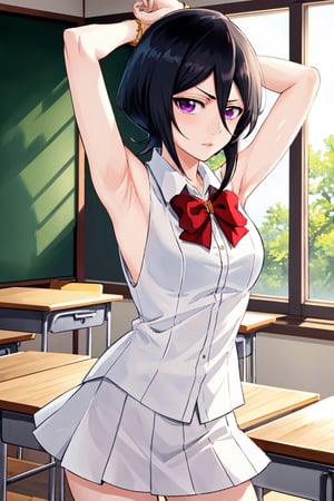 (masterpiece, best quality:1.2), solo, 1girl, Rukia Kuchiki, looking at viewer, 
Rukia Kuchiki, Short and petite, has light skin and purple eyes. Her hair is black, with several strands of hair always hanging between her eyes. 
sleeveless White shirt, White shirt, Gray pleated short skirt, Gray skirt, Smooth and flawless armpits, Smooth and flawless skin, Red bow-knot, 
classroom interior, backless, short black hair, showing armpit,
(ultrahigh resolution textures), in dynamic pose, bokeh, (intricate details, hyperdetailed:1.15), detailed, HDR+, showing armpit,
Japanese style house interior background, ,MeikoDef, Xter, long hair,Rukia,kuchikirukia,kuchiki_rukia, 