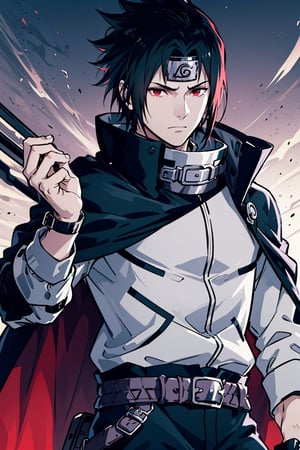(masterpiece, best quality), , cowboy shot, solo, male focus, 1boy, Sasuke Uchiha, slight smile, looking at viewer, 
The left eye glows purple and the right eye glows red, spiky black hair with a blue tint. Sasuke's hair is long, very handsome. 
black cloak, a maroon cinch on the collar, and maroon lining. His long-sleeved shirt gains light grey cuffs, and he wears a pair of brown leather belts with a black sheath for his sword, 
The whole body exudes black and purple aura, black and purple background,

(ultrahigh resolution textures), in dynamic pose, bokeh, (intricate details, hyperdetailed:1.15), detailed, HDR+, ,male,Naruto uzumaki ,n4rut0,s4suk3
