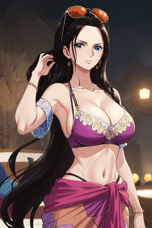 masterpiece, best quality, 1girl, solo, town background, 
long hair, looking at viewer, black hair, long hair, blue eyes, 30 years old, slim body,
sunglasses, eyewear on head, Purple top, Purple bikini, hair slicked back, pink print sarong tied around the waist, cleavage,large breasts,townscape,
Nico Robin, ((big breasts , cleavage)), chuckle, showing armpit, 
(ultrahigh resolution textures), in dynamic pose, bokeh, (intricate details, hyperdetailed:1.15), detailed, HDR+, 
Sleeveless off the shoulder, nico_robinnn,NicoRobin,MeikoDef,Xter