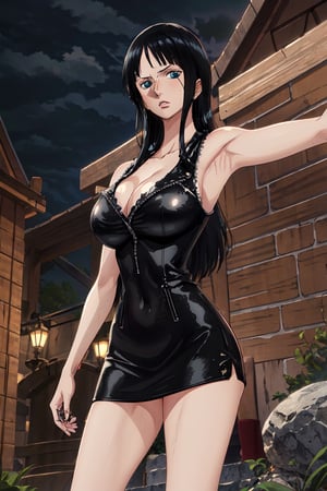 masterpiece, best quality, 1girl, solo, stone house town background, 
long hair, looking at viewer, black hair, long hair, blue eyes, 30 years old, slim body,
Sleeveless black leather jacket, black leather skirt, cleavage,large breasts,townscape,
Nico Robin, ((big breasts , cleavage)), chuckle, showing armpit, armpit,
(ultrahigh resolution textures), in dynamic pose, bokeh, (intricate details, hyperdetailed:1.15), detailed, HDR+, 
Sleeveless off the shoulder, nico_robinnn,NicoRobin,MeikoDef,Xter,blunt_bangs