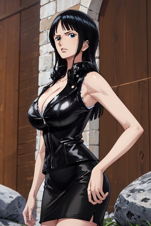 masterpiece, best quality, 1girl, solo, stone house town background, 
long hair, looking at viewer, black hair, long hair, blue eyes, 30 years old, slim body,
Sleeveless black leather jacket, black leather skirt, cleavage,large breasts,townscape,
Nico Robin, ((big breasts , cleavage)), chuckle, showing armpit, 
(ultrahigh resolution textures), in dynamic pose, bokeh, (intricate details, hyperdetailed:1.15), detailed, HDR+, 
Sleeveless off the shoulder, nico_robinnn,NicoRobin,MeikoDef,Xter,blunt_bangs