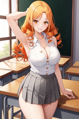 (masterpiece, best quality:1.2), Matsumoto Rangiku, solo, 40 years old, 
sleeveless White shirt with several buttons undone, 
Gray pleated short skirt,
vaguely see the black thong lace panties under the skirt,
orange hair, smile, large breasts, MILF, 
scene in school, armpit, Orange wavy long curly hair, shiny skin, perfect body, (big breasts:0.3), Reveal most of cleavage, Not wearing a bra, Matsumoto Rangiku ,MeikoDef,matsumoto rangiku,matsumoto_rangiku,blonde hair