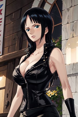 masterpiece, best quality, 1girl, solo, stone house town background, 
long hair, looking at viewer, black hair, long hair, blue eyes, 30 years old, slim body,
Sleeveless black leather jacket, black leather skirt, cleavage,large breasts,townscape,
Nico Robin, ((big breasts , cleavage)), chuckle, showing armpit, 
(ultrahigh resolution textures), in dynamic pose, bokeh, (intricate details, hyperdetailed:1.15), detailed, HDR+, 
Sleeveless off the shoulder, nico_robinnn,NicoRobin,MeikoDef,Xter,blunt_bangs