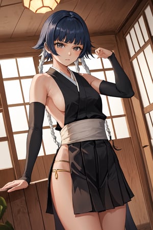(masterpiece, best quality:1.2), solo, 1girl, soifon, expressionless, looking at viewer, a relatively petite woman with gray eyes and black hair which she wears short with two long braids bound in white cloth, each ending in a large golden ring.  japanese clothes, sideboob, black pleated short skirt,hip vent, detached sleeves, bare shoulders ,soifon,MeikoDef, small breasts, Japanese style house interior ,backless, short black hair, armpit