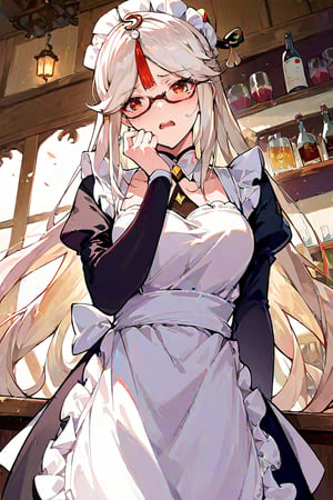 score_9, score_8_up, score_7_up, source_anime, 1girl, ningguang \(genshin impact\), parted bands, glasses, solo, maid, maid headdress, maid apron, embarrassed, pantyhose, open mouth, blush, parted lips, looking at viewer, cowboy shot, bar \(place\), indoors, depth of field 