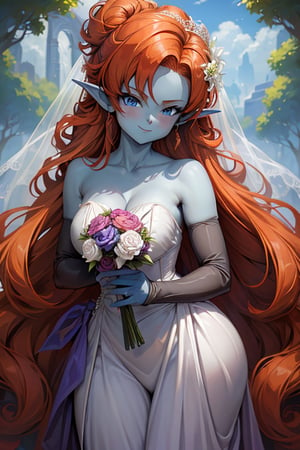 ((masterpiece,best quality)), absurdres,  BREAK, , ,  zZangya, blue eyes, blue skin, pointy ears, orange hair, curly hair, long hair, big hair, , BREAK, bride, wedding dress, bridal veil, strapless dress, elbow gloves, holding bouquet,, BREAK, solo, smile, looking at viewer, cowboy shot,