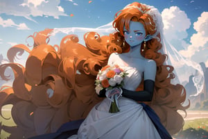 ((masterpiece,best quality)), absurdres,  BREAK, , ,  zZangya, blue eyes, blue skin, pointy ears, orange hair, curly hair, long hair, big hair, , BREAK, bride, wedding dress, bridal veil, strapless dress, elbow gloves, holding bouquet,, BREAK, solo, smile, looking at viewer, cowboy shot,