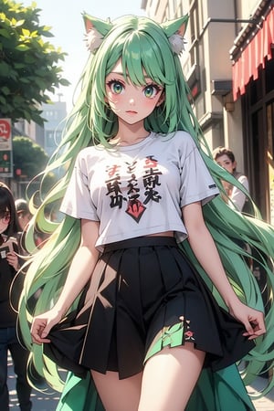 A Catgirl  white longerhair redeye green t-shirt and black skirt,