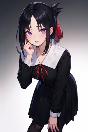 //Quality,
masterpiece, best quality
,//Character,
1girl, solo
,//Fashion, 
,//Background,
white_background
,//Others,
leaning forward,
,shinomiya_kaguya,((black dark gradient hair:1.5)), gradient eyes, mascara, parted lips, parted bangs, ribbon, red ribbon, hair ribbon, folded ponytail, dress, black dress, school uniform, long sleeves, neck ribbon