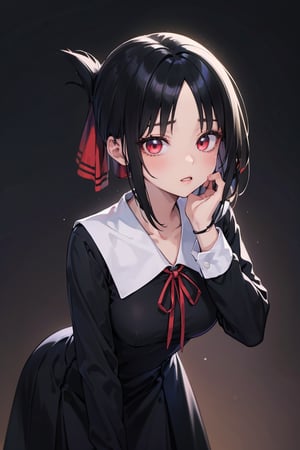 //Quality,
masterpiece, best quality
,//Character,
1girl, solo
,//Fashion, 
,//Background,
white_background
,//Others,
leaning forward,
,shinomiya_kaguya,((black dark gradient hair:1.5)), redeyes, mascara, parted lips, parted bangs, ribbon, red ribbon, hair ribbon, folded ponytail, dress, black dress, school uniform, long sleeves, neck ribbon, 