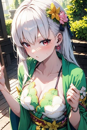 Catgirl white longerhair Redeye in Green Kimono 