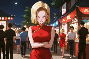 Score_9, Score_8_up, Score_7_up, Score_6_up, Score_5_up, Score_4_up, source_cartoon, perfect anatomy,
1girl, solo, red china dress, china_street, night, festival, firework, short dress,
Android18 /(Dragon Ball)/, blonde hair , blue eyes, short hair, short hair, party, angry, shy, blushing, arms crossed,