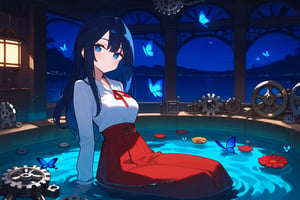 1girl, niji, blush, blue butterfly, masjid,  mon night   , gears, head tilt, indoors, long sleeves, partially submerged, red ribbon, big red skirt, , sitting,  
