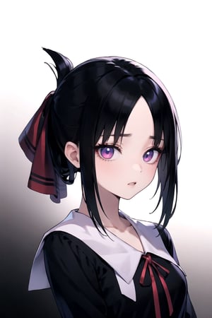 //Quality,
masterpiece, best quality
,//Character,
1girl, solo
,//Fashion, 
,//Background,
white_background
,//Others,
,shinomiya_kaguya,((black dark gradient hair:1.5)), gradient eyes, mascara, parted lips, parted bangs, ribbon, red ribbon, hair ribbon, folded ponytail, dress, black dress, school uniform, long sleeves, neck ribbon