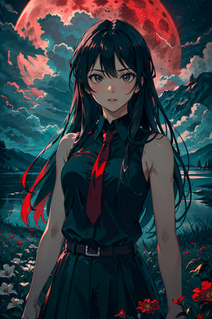 akame, \(akame ga kill!\), highres, highest quallity, illustration, cinematic light, ultra detailed, (detailed face), (detailed eyes), best quality, hyper detailed, masterpiece, 1girl, solo, (black hair), long hair, (black collared shirt), red necktie, sleeveless, skirt,  luminous eyes, (red eyes), medium breasts, backlighting, light rays, (high contrast), (colorful), cowboy shot, sky, (red moon), clouds, night, flowers, field , distant village, lake 