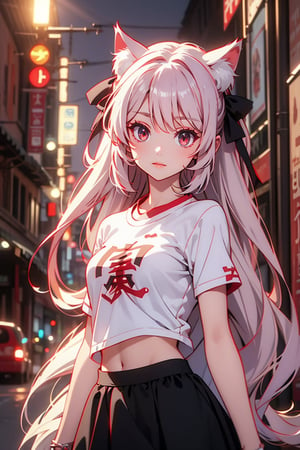 A Catgirl  white longerhair redeye Red t-shirt and black skirt,