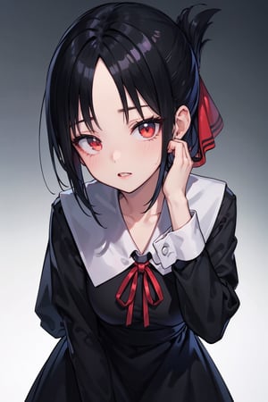 //Quality,
masterpiece, best quality
,//Character,
1girl, solo
,//Fashion, 
,//Background,
white_background
,//Others,
leaning forward,
,shinomiya_kaguya,((black dark gradient hair:1.5)), redeyes, mascara, parted lips, parted bangs, ribbon, red ribbon, hair ribbon, folded ponytail, dress, black dress, school uniform, long sleeves, neck ribbon, 