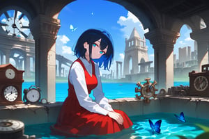 1girl, niji, blush, blue butterfly, masjid, clock,  day, gears, head tilt, indoors, long sleeves, partially submerged, red ribbon, big red skirt, ruins, sitting, skirt, 
depth of field, masterpiece, best quality, amazing quality, very aesthetic, absurdres, 
score_9, score_8_up, 