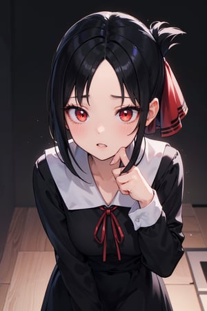 //Quality,
masterpiece, best quality
,//Character,
1girl, solo
,//Fashion, 
,//Background,
white_background
,//Others,
leaning forward,
,shinomiya_kaguya,((black dark gradient hair:1.5)), redeyes, mascara, parted lips, parted bangs, ribbon, red ribbon, hair ribbon, folded ponytail, dress, black dress, school uniform, long sleeves, neck ribbon, 