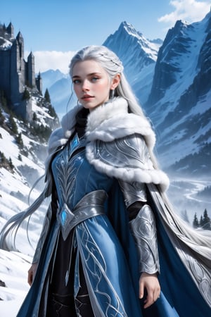 Extreme detailed,ultra Realistic,
beautiful young ELF lady,platinum silver shining hair, long elvish braid, side braid,Beautiful crystal blue eyes, fur collar,
Wearing leather tunic, hooded cloak, animal fur hood, intricate clothing, animal fur clothing, dark clothing, waistband, scarf, soft smile, bending posture, looking into the distance, 
snowy mountain scenery, overlooking valley, river, white clouds, seen from behind,ol1v1adunne,DonM3lv3sXL,niji6