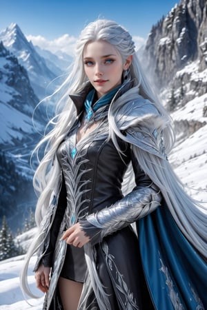 Extreme detailed,ultra Realistic,
beautiful young ELF lady,platinum silver shining hair, long elvish braid, side braid,Beautiful crystal blue eyes, fur collar,
Wearing leather tunic, hooded cloak, animal fur hood, intricate clothing, animal fur clothing, dark clothing, waistband, scarf, soft smile, bending posture, looking into the distance, 
snowy mountain scenery, overlooking valley, river, white clouds, seen from behind,ol1v1adunne,DonM3lv3sXL,niji6