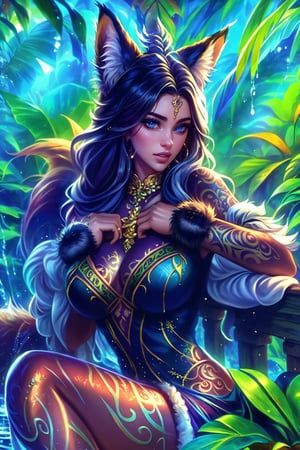 In a lush, verdant jungle oasis, a stunning maiden reclines on a plush, wooden four-poster bed, her long, flowing white hair cascading down her back like a river of moonlight. Her soft, black-white fur dress clings to her curves, adorned with a fluffy fur boa and cuffs that seem to shimmer in the warm, golden light.

The maiden's azure eyes lock onto the viewer, burning with a sultry intensity as she leans back against the structure behind her, one hand trailing down the wooden frame. Her body glistens with dew-kissed sweat, accentuating every toned muscle and sensual curve.

Tribal tattoos dance across her skin, imbuing her with an air of mystery and exotic allure. A fluffy fox tail and ears sprout from the back of her head, adding a touch of whimsy to this ravishing beauty's appearance.

In the background, the jungle foliage appears to come alive, with leaves reflecting the soft light like tiny mirrors. The overall composition is balanced, drawing the viewer's gaze to the maiden's captivating form as she seems to beckon them closer.