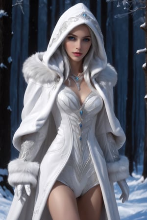 ((top-quality, 8K, masterpiece:1.3)),, Beautiful crystal blue eyes, white silver shining hair, long elvish braid,  Elf Maiden, winter night image, snowflakes, Mature, huge stunning goddess shot, the extremely hot and sexy, powerful and huge, jaw dropping beauty, goddess of Japan, very Bigger breasts, Big ass, (thigh visible), in the snow, Beautiful woman with perfect body shape:1.4, Slender Abs:1.1, Highly detailed facial and skin texture, A detailed eye, (looking at from the front), Look at the camera, ((1girl in, perfectly proportions, Beautiful body, Detailed skin, Detailed eyes:1.5)), ((perfectly proportions, Beautiful body, showing your whole body:1.5)), ((wearing a white leather tunic fur trim, hooded cloak, intricate clothing, waistband, fur collar, animal fur clothing, fur trim gloves:1.5)), ((beautiful young Elf lady:1.5)), ((Everything is sparkling, reflecting light:1.2)), snowy forest, blue sky, (Best Ratio: 4 fingers, 1 thumb), Snowing, (From knee to chest:1.5),  (portrait),midjourney,oda non
