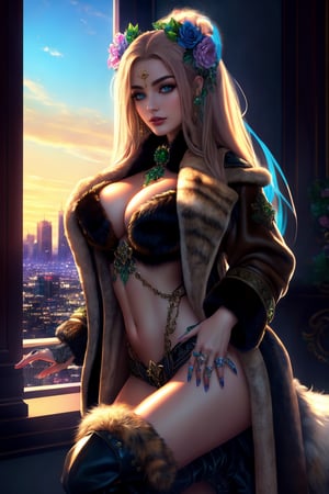 Masterpiece in maximum 16K resolution, anime style with erotic and tribal elements. | A beautiful elf maiden with long straightened shining light brown hair with a fluffy soft fox tail and ears wearing her soft short dark fluffy Freya Belted Fur Coat, the body is covered with a Freya Belted Fur Coat, wearing headband with blue roses, wearing white fur boa, wearing fur trim collar, wearing fur trimmed fluffy cuffs, wearing black fur boots. Her body is drenched in sweat, highlighting her sensual curves and muscles toned. She has several tribal tattoos on her body, adding an exotic and mysterious touch to her appearance, adding a feminine and seductive touch to her image. Her green eyes with a seductive gaze, conveying a sense of desire and passion. | Maiden standing in her room with a view of the city out the window  | Balanced composition with a medium angle, emphasizing the beauty and sensuality of the woman and the exotic and mystical scenery around her. | With soft, warm lighting, creating a soft contrast between light and dark areas, highlighting the details of the coat and tattoos. Reflection effects on leaves and damp surfaces, enhancing the beauty and shine of details. | The camera is positioned very close to her, revealing her entire body as she assumes an erotic pose, interacting with and leaning against a structure in the scene in an exciting way | ((She takes an erotic pose as she interacts, boldly leaning on a structure, leaning back in an exciting way)), ((((full-body_image)))), ((perfect pose, perfect anatomy, perfect body, two legs, two hands)), ((better hands, perfect fingers, perfect legs, perfect hands)), ((average_breasts)), ((perfect composition, perfect design, perfect layout, correct imperfections) ), Add more detail, More Detail, Enhance, Masterpiece, sfw