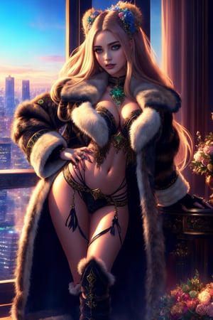 Masterpiece in maximum 16K resolution, anime style with erotic and tribal elements. | A beautiful elf maiden with long straightened shining light brown hair with a fluffy soft fox tail and ears wearing her soft short dark fluffy Freya Belted Fur Coat, the body is covered with a Freya Belted Fur Coat, wearing headband with blue roses, wearing white fur boa, wearing fur trim collar, wearing fur trimmed fluffy cuffs, wearing black fur boots. Her body is drenched in sweat, highlighting her sensual curves and muscles toned. She has several tribal tattoos on her body, adding an exotic and mysterious touch to her appearance, adding a feminine and seductive touch to her image. Her green eyes with a seductive gaze, conveying a sense of desire and passion. | Maiden standing in her room with a view of the city out the window  | Balanced composition with a medium angle, emphasizing the beauty and sensuality of the woman and the exotic and mystical scenery around her. | With soft, warm lighting, creating a soft contrast between light and dark areas, highlighting the details of the coat and tattoos. Reflection effects on leaves and damp surfaces, enhancing the beauty and shine of details. | The camera is positioned very close to her, revealing her entire body as she assumes an erotic pose, interacting with and leaning against a structure in the scene in an exciting way | ((She takes an erotic pose as she interacts, boldly leaning on a structure, leaning back in an exciting way)), ((((full-body_image)))), ((perfect pose, perfect anatomy, perfect body, two legs, two hands)), ((better hands, perfect fingers, perfect legs, perfect hands)), ((average_breasts)), ((perfect composition, perfect design, perfect layout, correct imperfections) ), Add more detail, More Detail, Enhance, Masterpiece, sfw