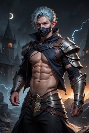 (high details, best quality, 16k, absurdres) [ultra detailed], masterpiece, best quality, (extremely detailed), dynamic angle, ultra wide shot, photorealistic, ((fantasy art)) ,dnd art, rpg art, realistic art, male air Genasi warlock, air warlock, controlling magical energy made of lightning, swirling blue tempest magical light, divine symbols (1.5 intricate details, Masterpiece, best quality, absurdres), toned male air Genasi , extremally sexy, fit body, light blue silver skin, dynamic windswept hair, dynamic short blue hair color, wearing shear cloth armor, midriff top, slim defined abs, 8 pack abs, defined chest, moon light, lightning, dynamic natural background, RPG art, magical atmosphere magic-fantasy-forest, ultra best realistic, best details, best quality, absurdres, 16k, [ultra detailed], masterpiece, best quality, (extremely detailed), ultra wide shot, photorealism, depth of field, hyper realistic painting, 3D rendering,frey4,n4git4,s4str0,Geayoub1