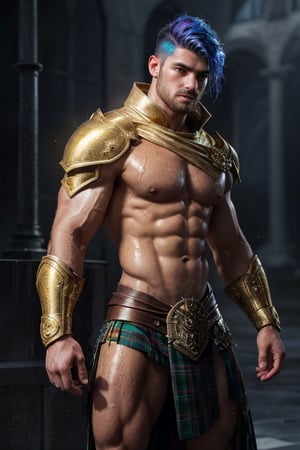 Photorealistic. A sexy male war mage. Perfect Athletic build, wet look, muscular shoulders, golden intricate pauldrons , muscular chest, shrug (clothing) six pack abs, muscular legs, short Kilt side slits for legs, handsome face, determined look,  bright full spectrum prismatic holographic rainbow hair 