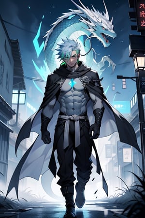 A male Air Genasi Warlock walking down a street. His sheer white cloak billows in the wind, barelly covering his slim muscular physique. His gray blue skin contrasts to his white cloak. His bare torso is only covered with glowing white runes. Floating above his windswept bright blue hair is his small serpent like silver holographic dragon which has the same glowing light gray eyes as its master.